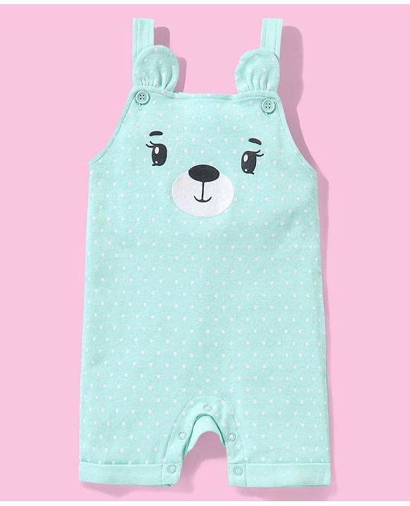Babyhug Cotton Puff Print Dungaree with Bear Printed Half Sleeves Inner Tee - Mint