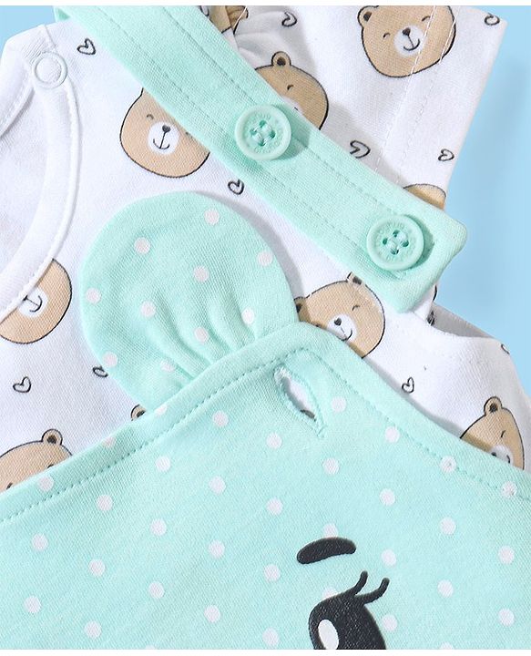 Babyhug Cotton Puff Print Dungaree with Bear Printed Half Sleeves Inner Tee - Mint