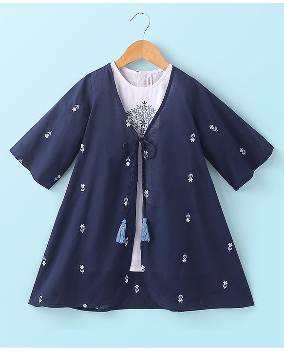 Babyhug Cotton Woven Three Fourth Sleeves Inner & Outer Set of Ethnic Dress with Floral Embroidery & Print - Navy Blue & White