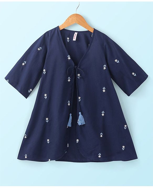 Babyhug Cotton Woven Three Fourth Sleeves Inner & Outer Set of Ethnic Dress with Floral Embroidery & Print - Navy Blue & White