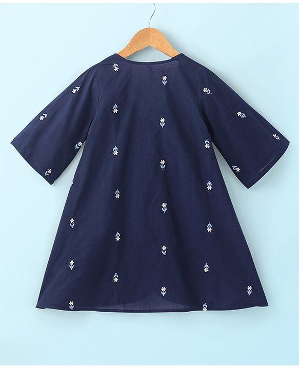 Babyhug Cotton Woven Three Fourth Sleeves Inner & Outer Set of Ethnic Dress with Floral Embroidery & Print - Navy Blue & White
