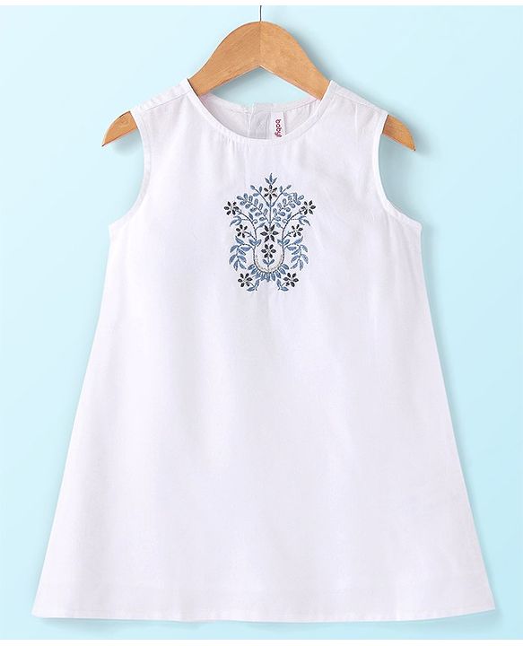 Babyhug Cotton Woven Three Fourth Sleeves Inner & Outer Set of Ethnic Dress with Floral Embroidery & Print - Navy Blue & White