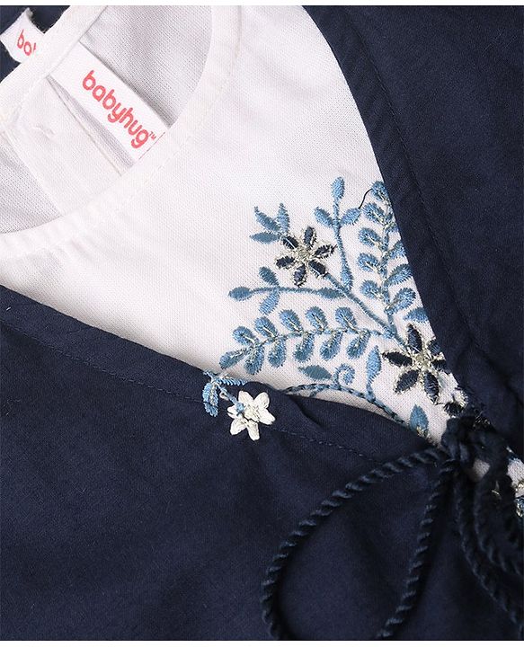 Babyhug Cotton Woven Three Fourth Sleeves Inner & Outer Set of Ethnic Dress with Floral Embroidery & Print - Navy Blue & White
