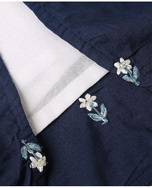 Babyhug Cotton Woven Three Fourth Sleeves Inner & Outer Set of Ethnic Dress with Floral Embroidery & Print - Navy Blue & White