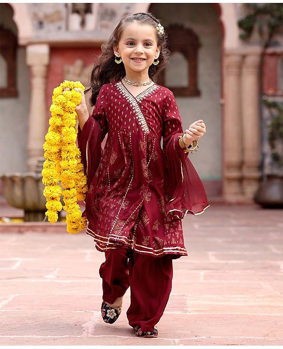 Babyhug Rayon Three Fourth Sleeves Foil Printed Overlaped Kurti & Palazzo Set with Dupatta - Maroon