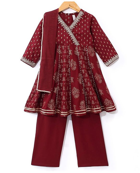 Babyhug Rayon Three Fourth Sleeves Foil Printed Overlaped Kurti & Palazzo Set with Dupatta - Maroon