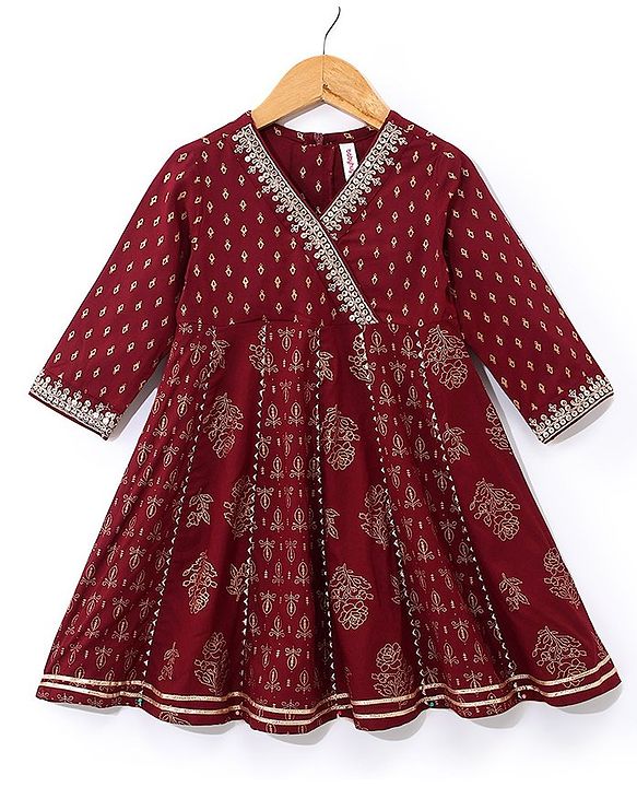 Babyhug Rayon Three Fourth Sleeves Foil Printed Overlaped Kurti & Palazzo Set with Dupatta - Maroon