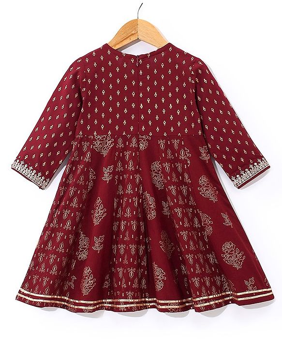 Babyhug Rayon Three Fourth Sleeves Foil Printed Overlaped Kurti & Palazzo Set with Dupatta - Maroon