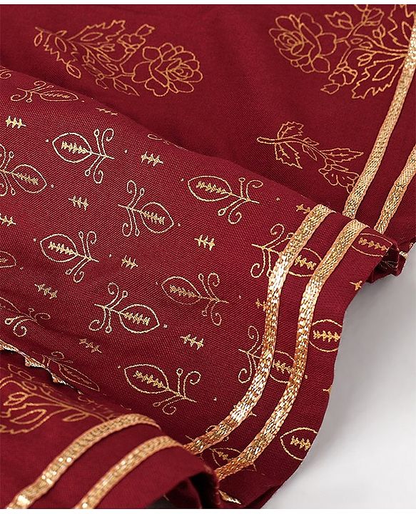 Babyhug Rayon Three Fourth Sleeves Foil Printed Overlaped Kurti & Palazzo Set with Dupatta - Maroon