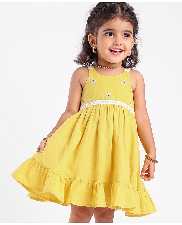 Babyhug Crinckled Cotton Sleeveless Ethnic Dress With Embroidery Detailing - Yellow