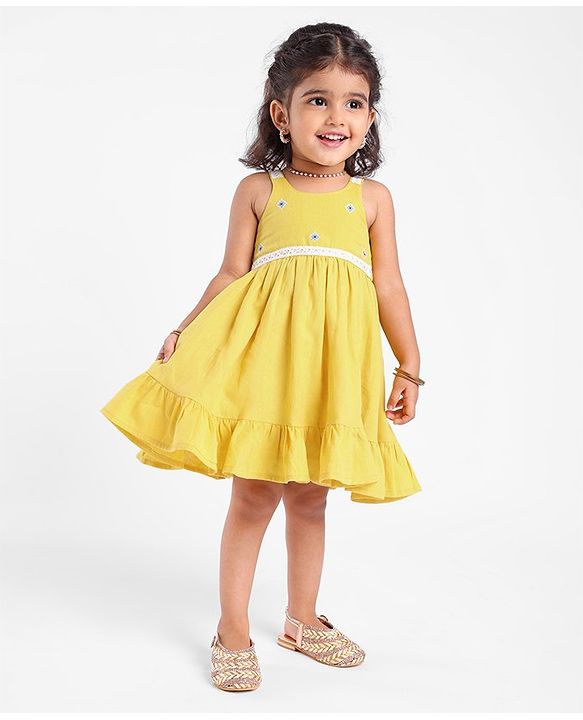 Babyhug Crinckled Cotton Sleeveless Ethnic Dress With Embroidery Detailing - Yellow