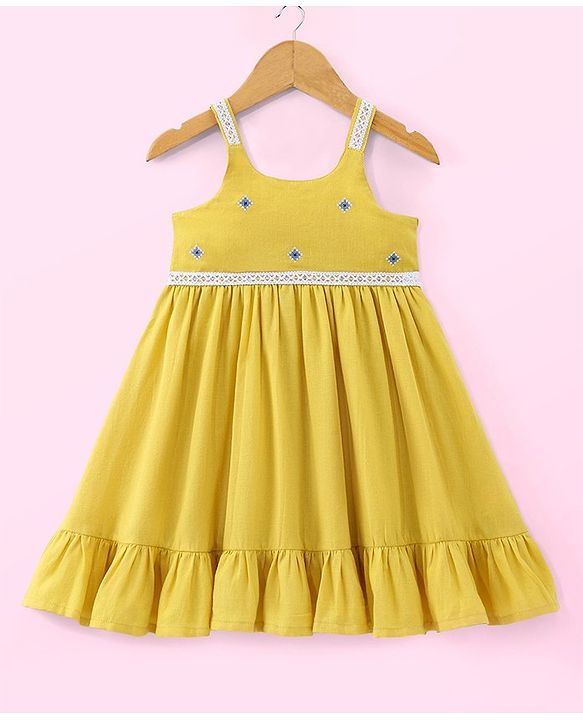 Babyhug Crinckled Cotton Sleeveless Ethnic Dress With Embroidery Detailing - Yellow
