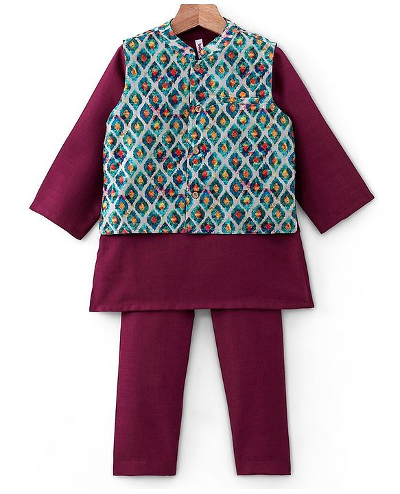 Babyhug 100% Cotton Full Sleeves Kurta Payjama Set With Waistcoat Kite Print - Purple & Blue