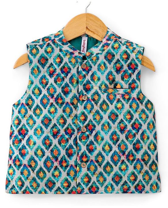 Babyhug 100% Cotton Full Sleeves Kurta Payjama Set With Waistcoat Kite Print - Purple & Blue