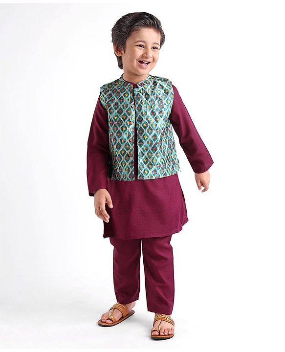 Babyhug 100% Cotton Full Sleeves Kurta Payjama Set With Waistcoat Kite Print - Purple & Blue