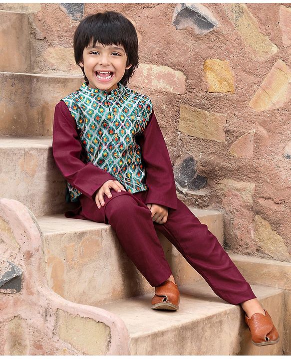 Babyhug 100% Cotton Full Sleeves Kurta Payjama Set With Waistcoat Kite Print - Purple & Blue