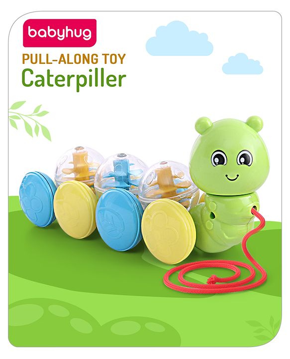 Babyhug Premium Caterpillar Pull Along Toy for Kids- Green| Pull String Plastic Pre-School Toys for Babies| Encourage Walking, Build Gross Motor Skills and Hand-Eye Coordination| BIS Certified| 18+ Months.