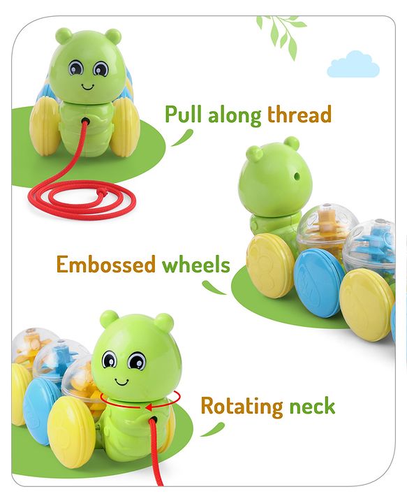 Babyhug Premium Caterpillar Pull Along Toy for Kids- Green| Pull String Plastic Pre-School Toys for Babies| Encourage Walking, Build Gross Motor Skills and Hand-Eye Coordination| BIS Certified| 18+ Months.