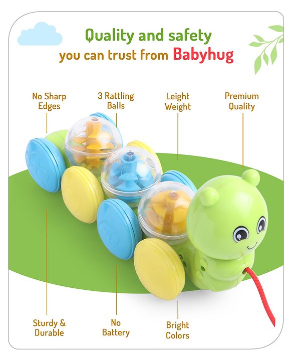 Babyhug Premium Caterpillar Pull Along Toy for Kids- Green| Pull String Plastic Pre-School Toys for Babies| Encourage Walking, Build Gross Motor Skills and Hand-Eye Coordination| BIS Certified| 18+ Months.