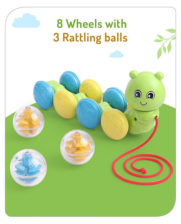 Babyhug Premium Caterpillar Pull Along Toy for Kids- Green| Pull String Plastic Pre-School Toys for Babies| Encourage Walking, Build Gross Motor Skills and Hand-Eye Coordination| BIS Certified| 18+ Months.