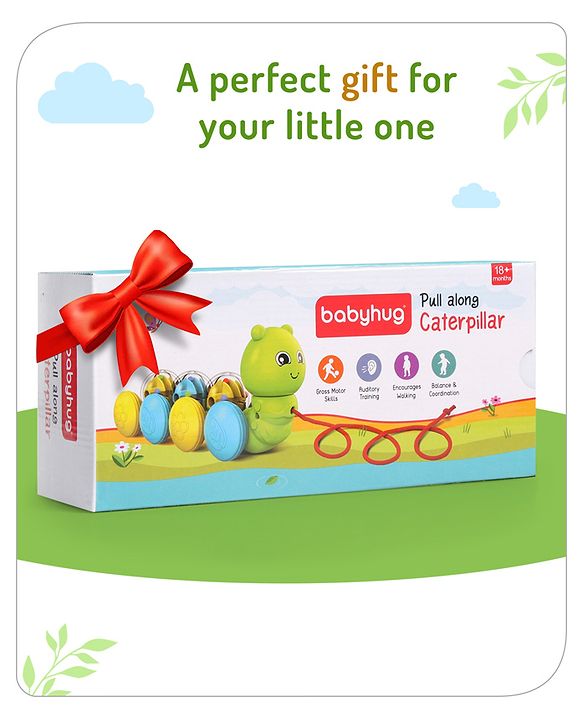 Babyhug Premium Caterpillar Pull Along Toy for Kids- Green| Pull String Plastic Pre-School Toys for Babies| Encourage Walking, Build Gross Motor Skills and Hand-Eye Coordination| BIS Certified| 18+ Months.