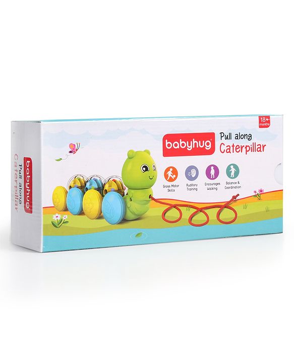 Babyhug Premium Caterpillar Pull Along Toy for Kids- Green| Pull String Plastic Pre-School Toys for Babies| Encourage Walking, Build Gross Motor Skills and Hand-Eye Coordination| BIS Certified| 18+ Months.