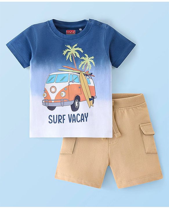 Babyhug 100% Cotton Half Sleeves T-shirt and Shorts Set - Blue & Beige