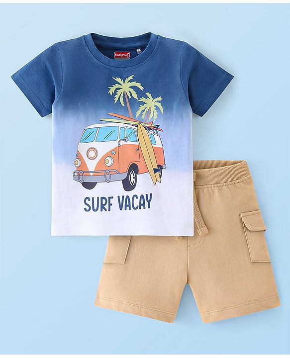 Babyhug 100% Cotton Half Sleeves T-shirt and Shorts Set - Blue & Beige