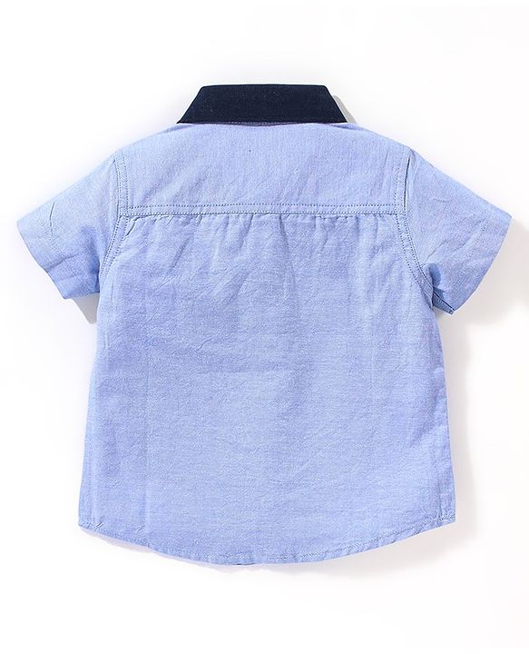 Babyhug 100% Cotton Half Sleeves Solid Oxford Shirt With Badge- Blue