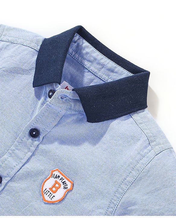 Babyhug 100% Cotton Half Sleeves Solid Oxford Shirt With Badge- Blue