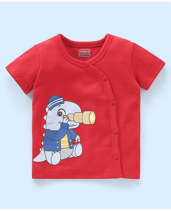 Babyhug 100% Cotton Antibacterial Half Sleeves Vests Dino Print Pack of 3 - Blue & Red