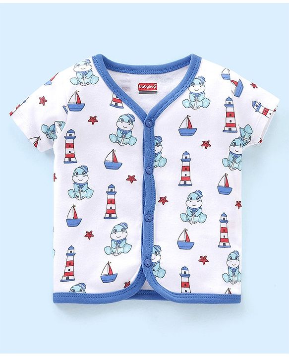 Babyhug 100% Cotton Antibacterial Half Sleeves Vests Dino Print Pack of 3 - Blue & Red