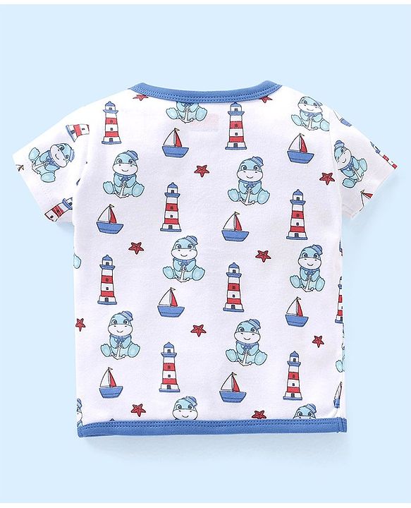 Babyhug 100% Cotton Antibacterial Half Sleeves Vests Dino Print Pack of 3 - Blue & Red