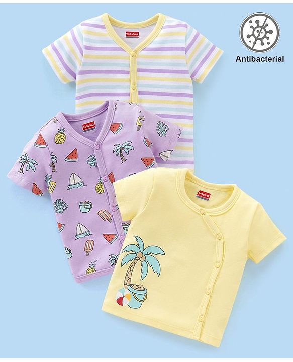 Babyhug 100% Cotton Antibacterial Half Sleeves Vests Boat & Palm Tree Print Pack of 3 - Purple & Yellow
