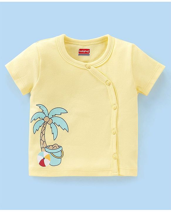 Babyhug 100% Cotton Antibacterial Half Sleeves Vests Boat & Palm Tree Print Pack of 3 - Purple & Yellow