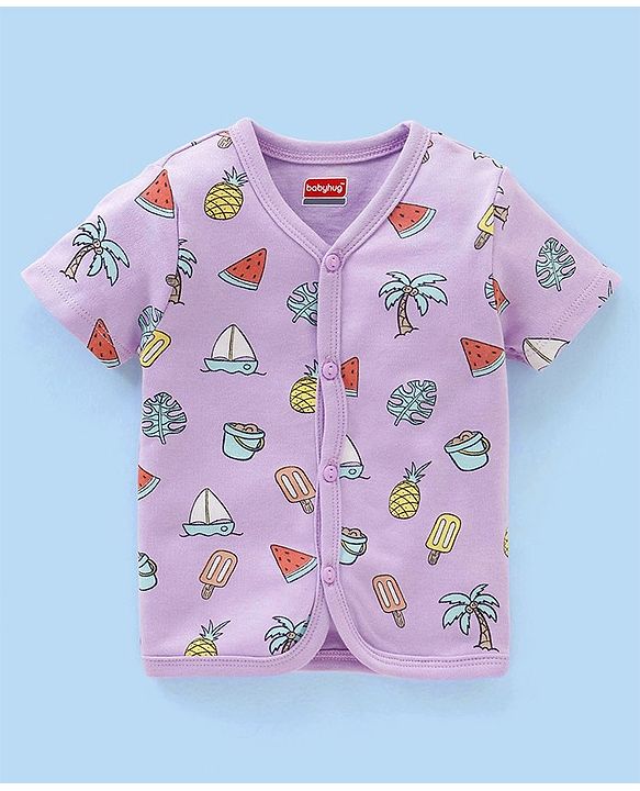 Babyhug 100% Cotton Antibacterial Half Sleeves Vests Boat & Palm Tree Print Pack of 3 - Purple & Yellow