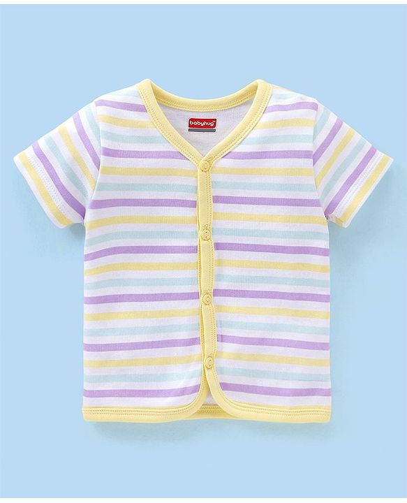 Babyhug 100% Cotton Antibacterial Half Sleeves Vests Boat & Palm Tree Print Pack of 3 - Purple & Yellow