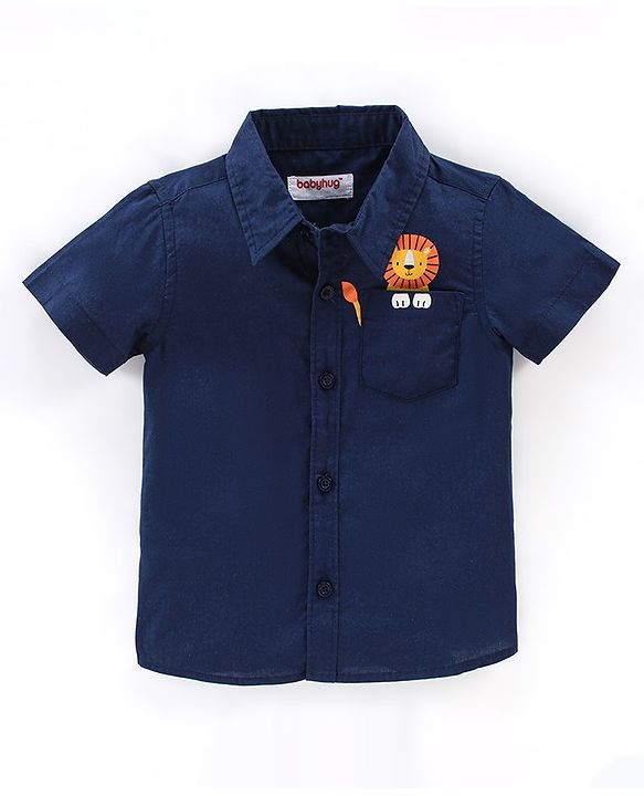 Babyhug 100% Cotton Woven Half Sleeves Shirt Lion Pocket Print - Navy Blue