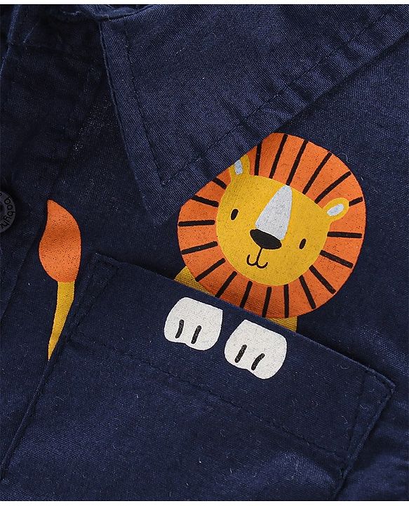 Babyhug 100% Cotton Woven Half Sleeves Shirt Lion Pocket Print - Navy Blue
