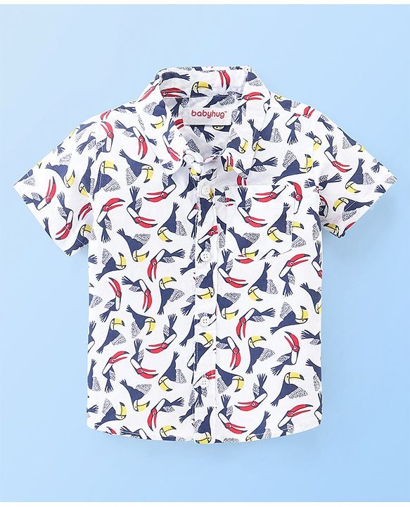Babyhug 100% Cotton Woven Half Sleeves Bird Print Shirt - White