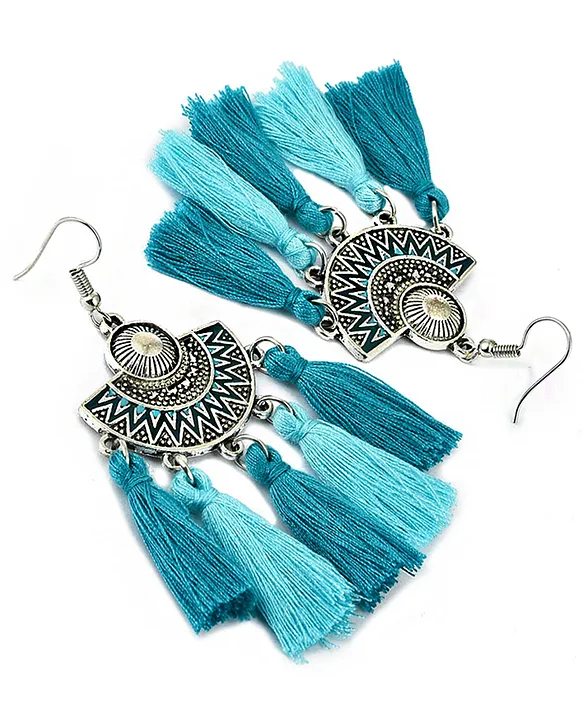 Corico: Fan Earrings with Metal Tassel in Aqua Crackle