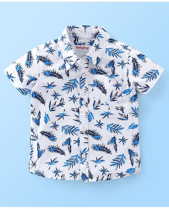 Babyhug Cotton Woven Half Sleeves Regular Collar Shirt Leaves Print- White
