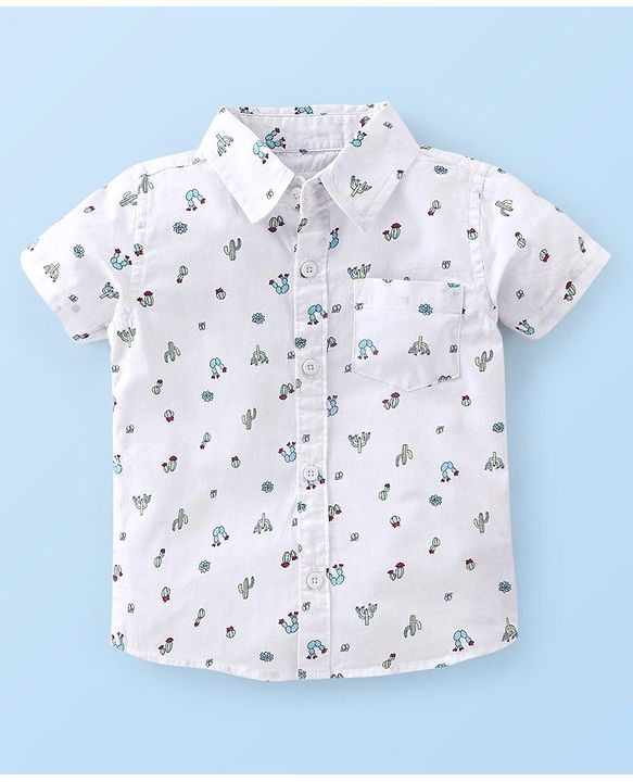 Babyhug 100% Cotton Woven Half Sleeves Regular Shirt Cactus Print - White