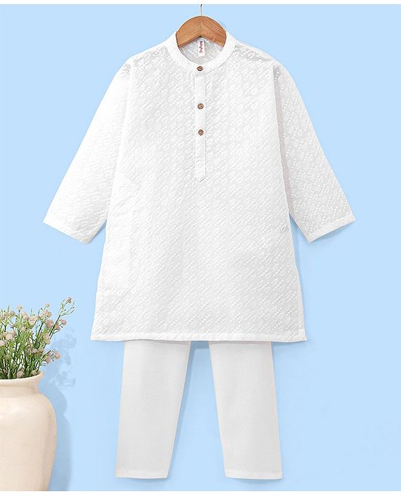 Babyhug 100% Cotton Woven Full Sleeves Leaf Embroidered Kurta with Pyjama Set - White