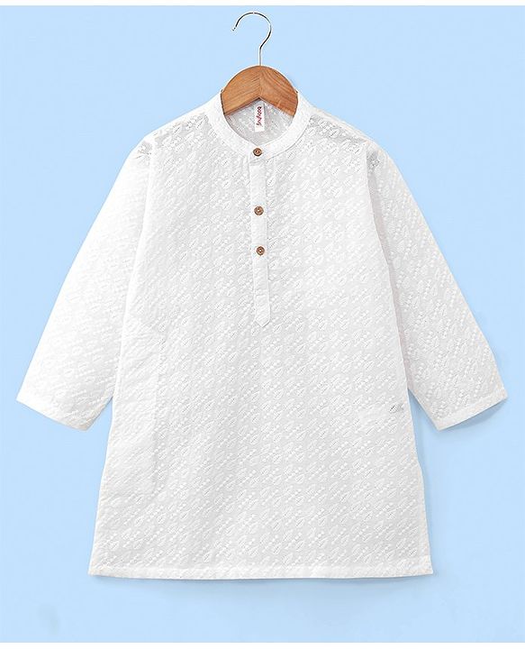 Babyhug 100% Cotton Woven Full Sleeves Leaf Embroidered Kurta with Pyjama Set - White