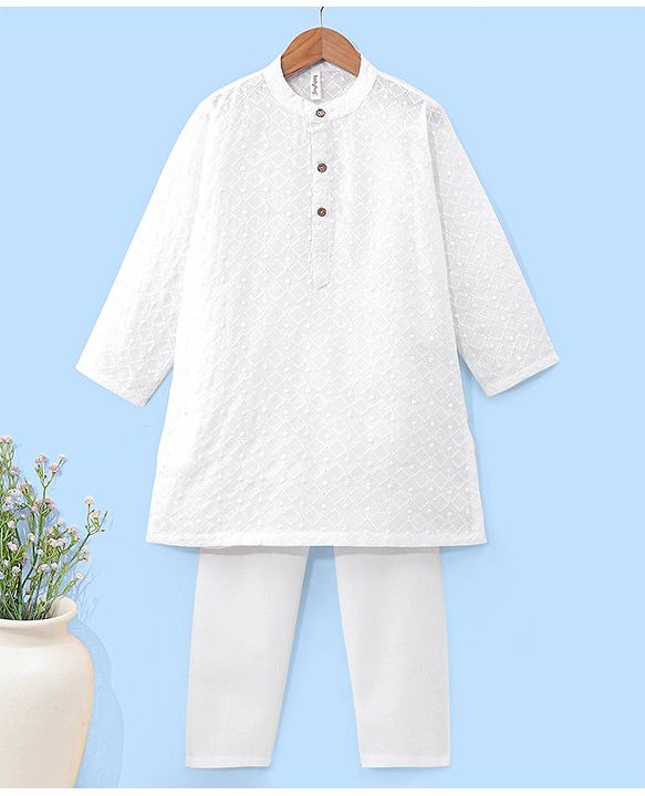 Babyhug 100% Cotton Woven Full Sleeves Square Embroidered Kurta with Pyjama Set - White