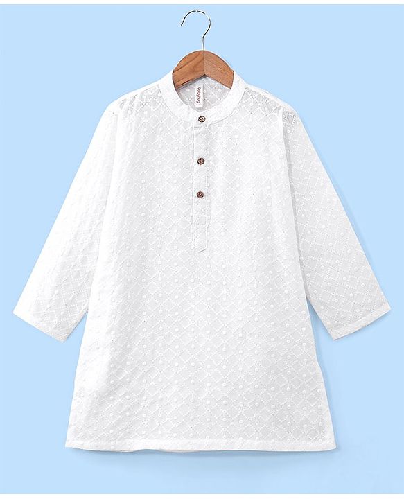 Babyhug 100% Cotton Woven Full Sleeves Square Embroidered Kurta with Pyjama Set - White
