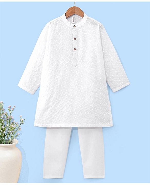 Babyhug 100% Cotton Woven Full Sleeves Square Embroidered Kurta with Pyjama Set - White
