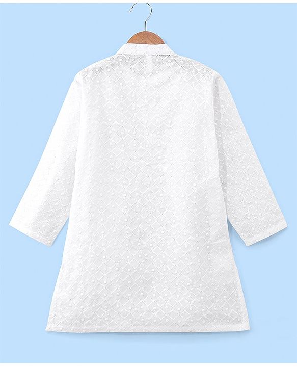 Babyhug 100% Cotton Woven Full Sleeves Square Embroidered Kurta with Pyjama Set - White