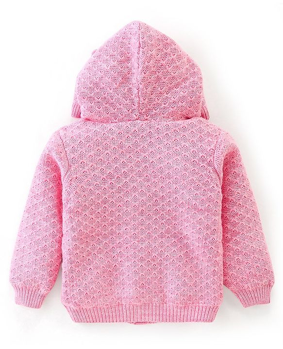 Babyhug Full Sleeves Hooded Sweater Cable Knit Design With Sequin Bow Detailing- Pink
